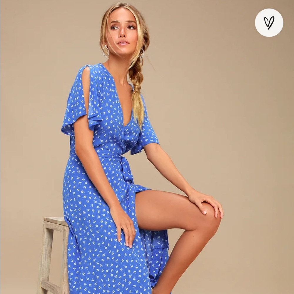 Lulu’s Maretta Blue and White Floral Print Wrap Midi Dress